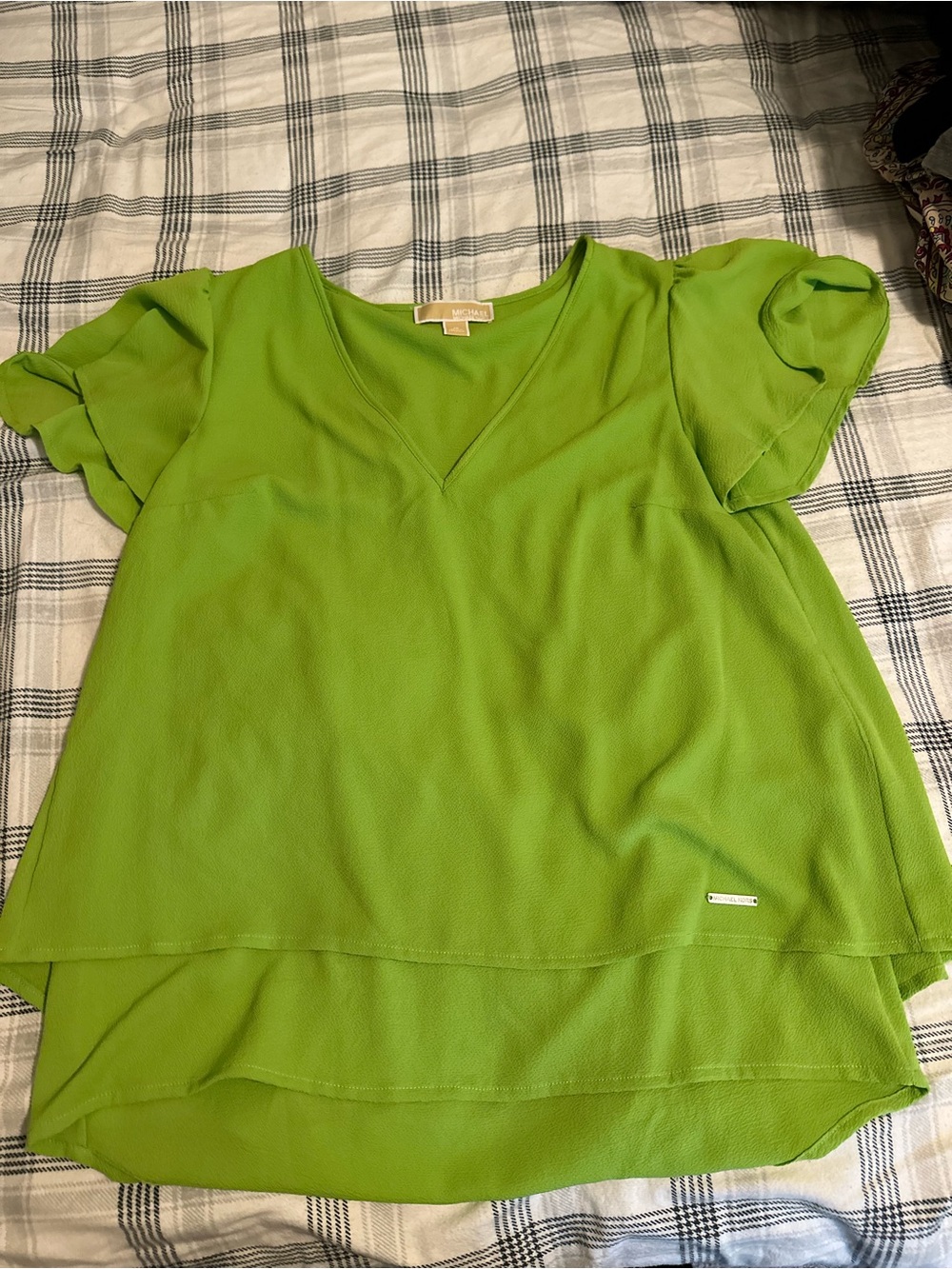 Michael Kors Lime Green V-Neck Flutter Sleeve Blouse